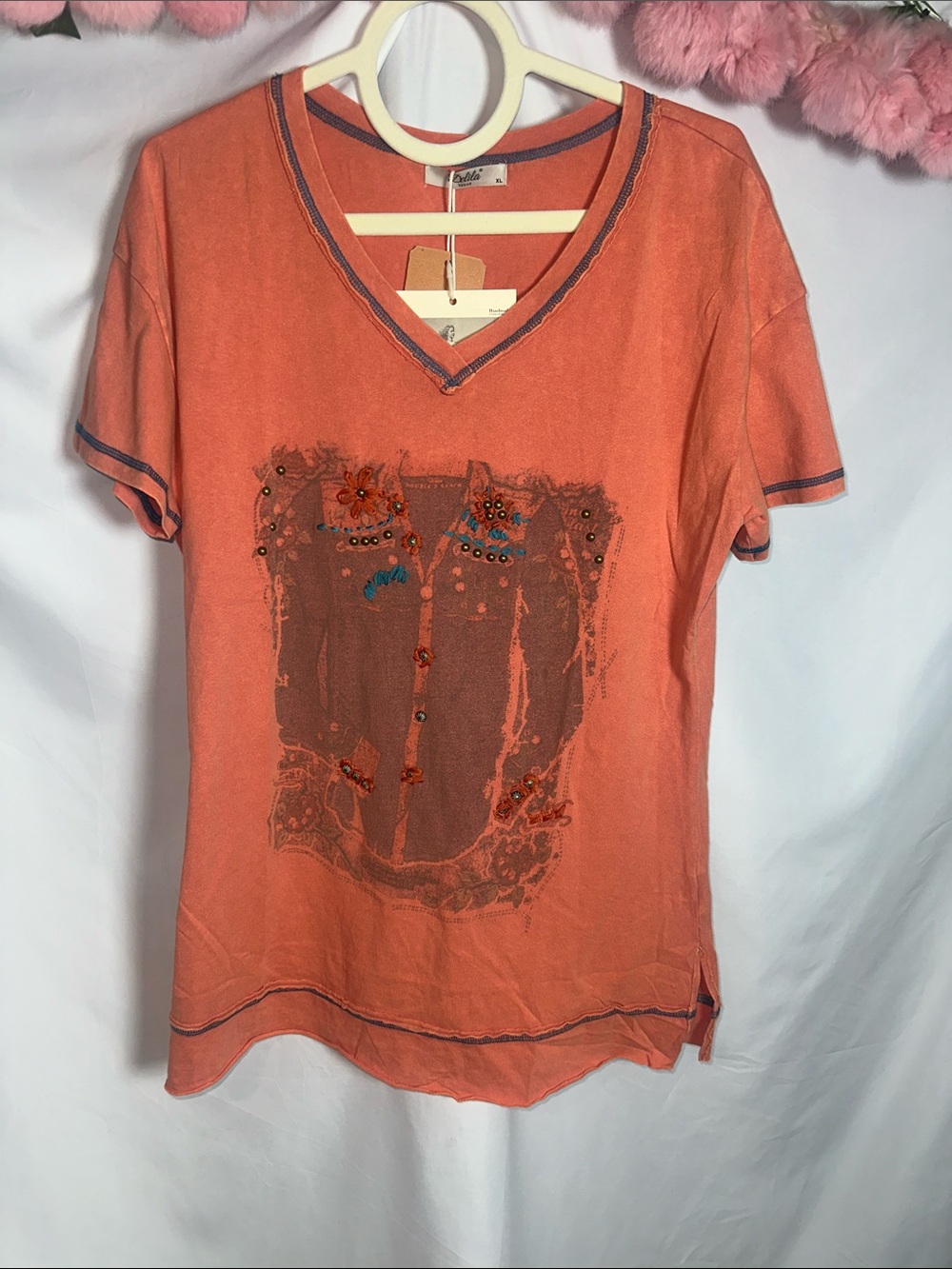 Delila Coral Orange Embellished V-Neck Short Sleeve Tee